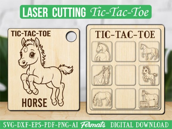 Baby Horse Tic Tac Toe Puzzle Game – Cute Laser Engraving Graphics for Crafters