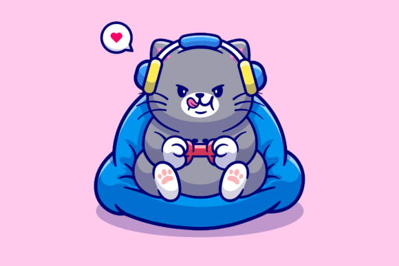 Cute Cat Playing Game Cartoon Graphics for Blog Illustrations
